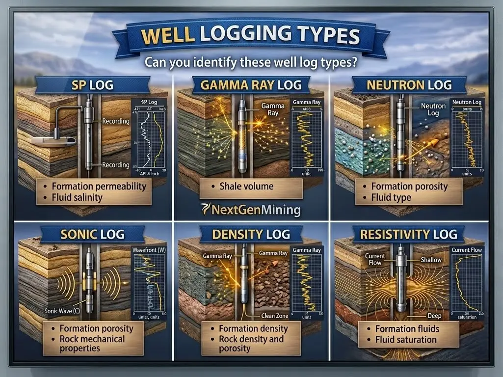 An educational info graphic titled 'WELL LOGGING TYPES' by NextGenMining. It features a 2x3 grid of 3D cross-sectional illustrations, each depicting a logging tool inside a geological borehole alongside a sample data graph. The six highlighted types are: SP LOG (measuring formation permeability and fluid salinity), GAMMA RAY LOG (measuring shale volume), NEUTRON LOG (measuring formation porosity and fluid type), SONIC LOG (measuring formation porosity and rock mechanical properties), DENSITY LOG (measuring formation density and porosity), and RESISTIVITY LOG (measuring formation fluids and fluid saturation).