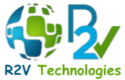 Company logo for "R2V Technologies". On the left, there is a stylized globe icon made of intersecting blue and bright green pixelated blocks. To the right of the globe, the letters "R" and "2" are written in a large, modern blue font, with the right leg of the "2" extending upward into a green checkmark. Below both elements, the text "R2V Technologies" is written, with "R2V" in blue and "Technologies" in green using a casual, rounded font