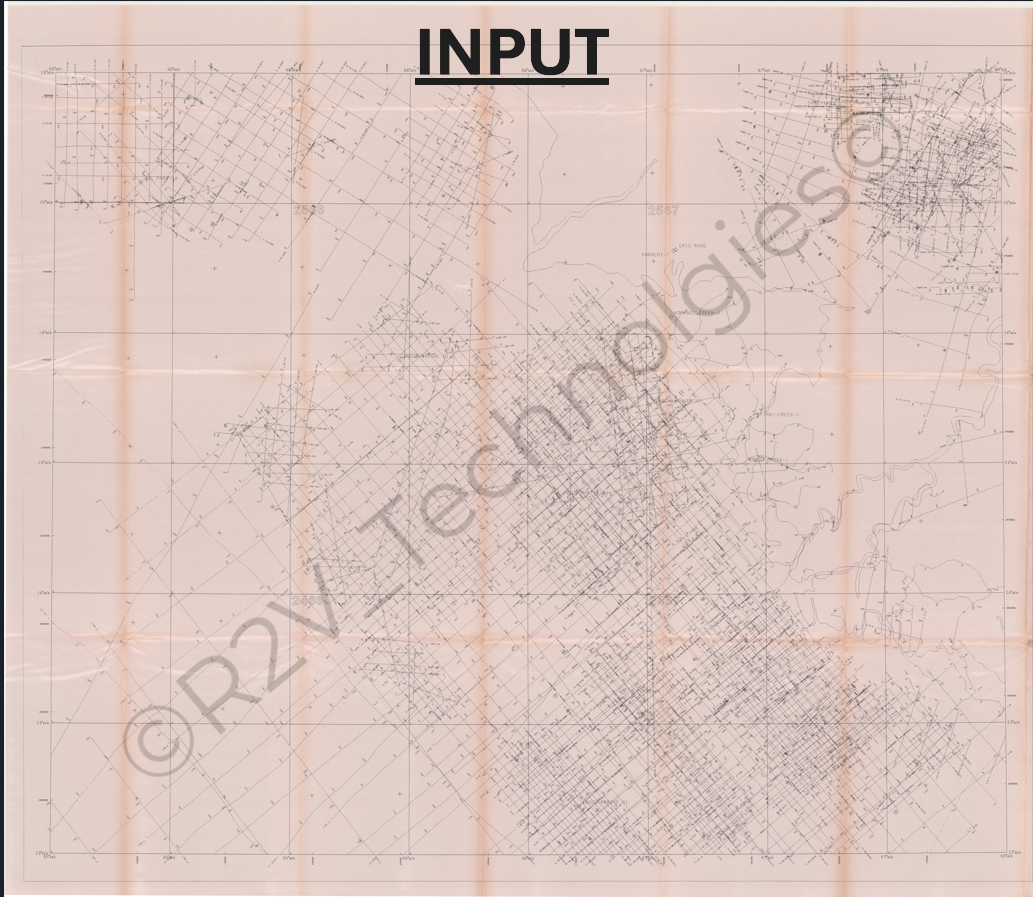 A scanned, sepia-toned vintage seismic shotpoint base map under a grid system overlay. The map features a dense network of crisscrossing straight survey lines, heavily concentrated in the lower-central and top-right sections, marking geographical shotpoint locations. Faint geographic contours, coastlines, or river pathways are visible on the right side of the map. The bold word "INPUT" is centered at the very top. A large, transparent watermark reading "© R2V Technologies" is overlaid diagonally across the entire image