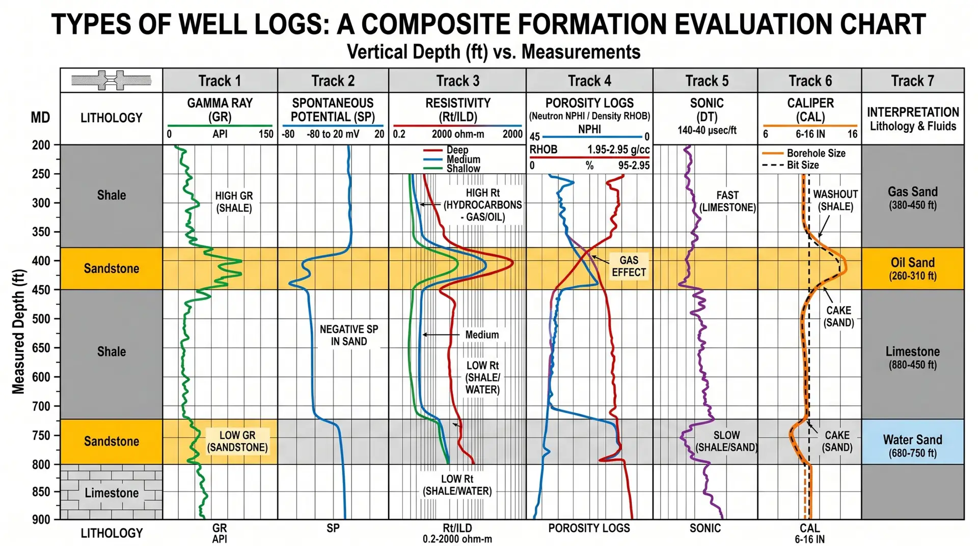 A detailed technical diagram titled 'TYPES OF WELL LOGS: A COMPOSITE FORMATION EVALUATION CHART,' mapping 'Vertical Depth (ft) vs. Measurements' from 200 to 900 feet. The chart is divided into seven vertical tracks displaying different geophysical logging measurements alongside structural lithology and fluid interpretations. The distinct tracks feature curves for Gamma Ray (GR), Spontaneous Potential (SP), Resistivity (Deep, Medium, Shallow), Porosity Logs (Neutron and Density), Sonic, and Caliper. Text annotations highlight specific log responses characteristic of different geological formations, such as high gamma ray readings in shale, negative SP in sandstone, high resistivity indicating hydrocarbons in an 'Oil Sand' layer, a 'gas effect' crossover in the porosity track, and borehole washouts versus mud cake in the caliper track. The rightmost track synthesizes these readings to interpret the subterranean layers as Gas Sand, Oil Sand, Limestone, and Water Sand.
