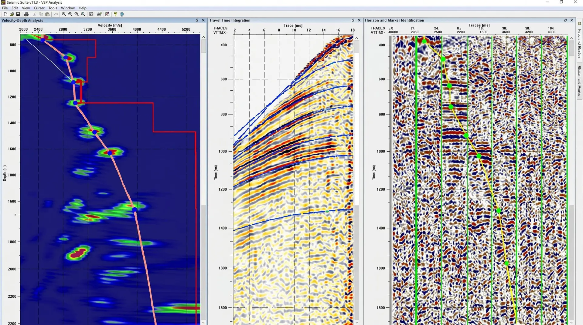 A three-panel software interface displaying seismic velocity analysis. The left panel shows a velocity semblance plot with a dark blue background and colorful heatmap peaks, overlaid with a connected line picking the velocity profile and a stepped red boundary line. The center panel displays a seismic gather showing hyperbolic reflection events, overlaid with blue curves indicating normal moveout (NMO). The right panel shows a different view of the seismic traces with vertical green guide lines and a yellow line marked by green nodes tracking a downward-sloping trend across the data