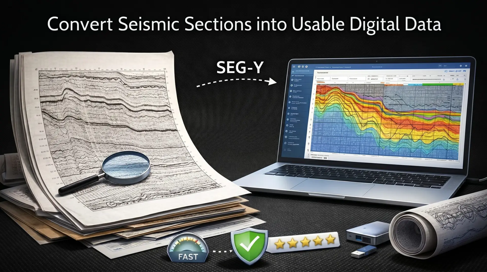An illustrative graphic titled 'Convert Seismic Sections into Usable Digital Data' set against a dark background. On the left, a stack of physical paper seismic records rests beneath a magnifying glass. A dashed arrow labeled 'SEG-Y' points from the paper stack toward an open modern laptop on the right, which displays the converted, brightly colored digital seismic data on its screen. The bottom foreground features trust and performance icons, including a 'FAST' speedometer, a green security shield with a checkmark, and five gold stars, alongside a rolled-up blueprint and a portable storage drive