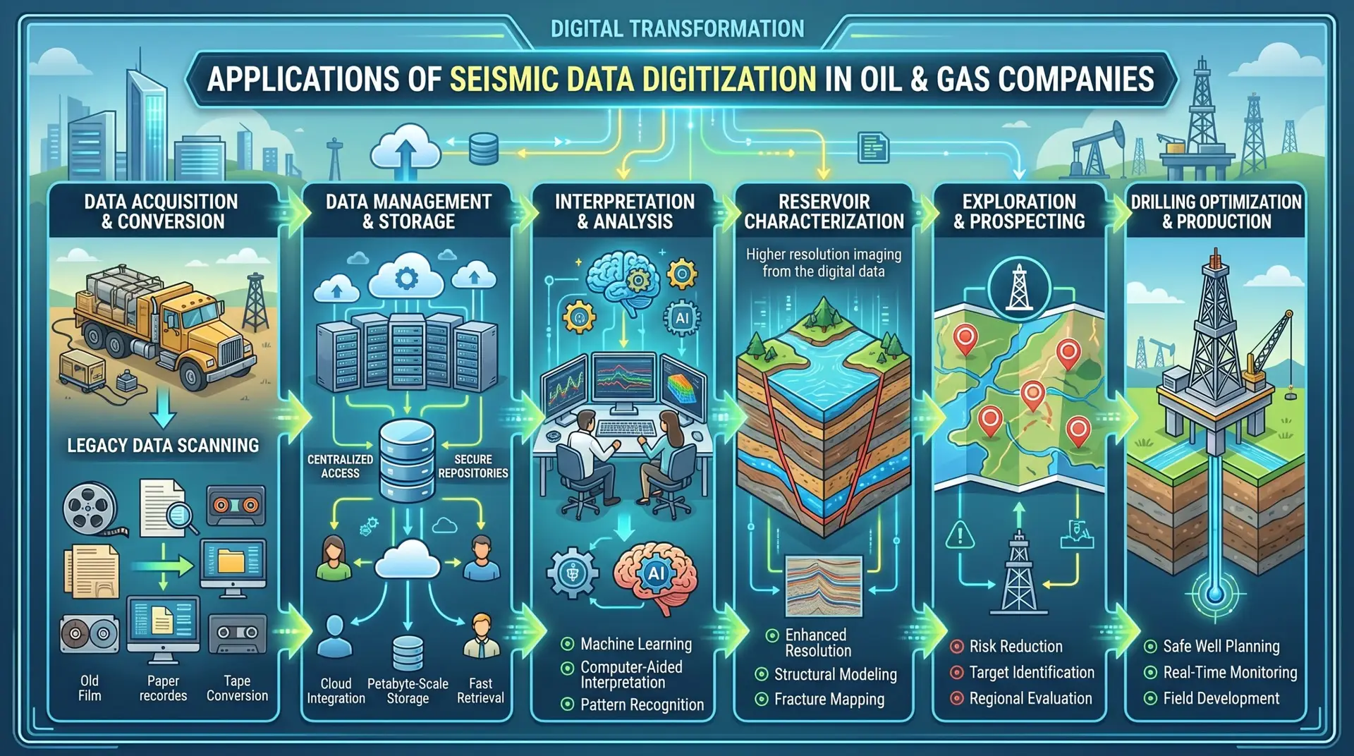 A comprehensive infographic titled 'APPLICATIONS OF SEISMIC DATA DIGITIZATION IN OIL & GAS COMPANIES' mapping a six-step digital transformation workflow. From left to right, the panels illustrate: 1) 'Data Acquisition & Conversion,' showing the scanning of legacy paper records, old films, and tapes; 2) 'Data Management & Storage,' depicting cloud integration and petabyte-scale server repositories; 3) 'Interpretation & Analysis,' featuring geoscientists at multi-monitor workstations utilizing AI and machine learning; 4) 'Reservoir Characterization,' displaying a 3D geological block model for structural and fracture mapping; 5) 'Exploration & Prospecting,' highlighting target identification on a topographical map; and 6) 'Drilling Optimization & Production,' illustrating an active oil rig drilling into subsurface layers for safe well planning and real-time monitoring