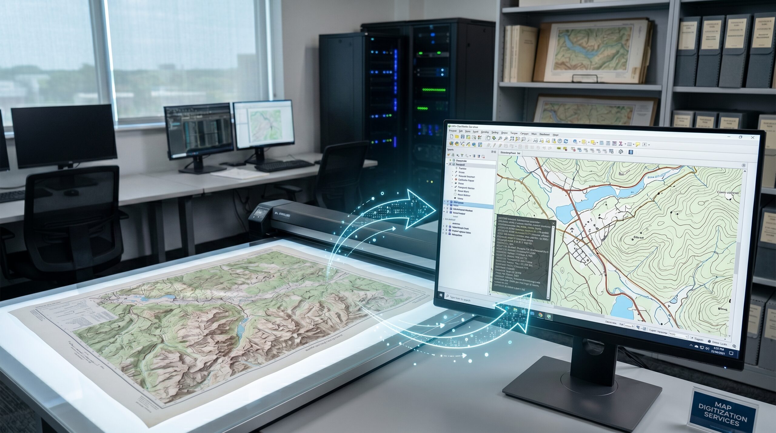 A high-tech data digitization office showing the conversion of a physical map into a digital format. In the foreground on the left, a large, wide-format scanner rests on a table, holding a physical topographic paper map of a mountainous region. On the right, a large computer monitor displays a specialized GIS software application showing the digitized version of the map with vector lines, roads, and a lake. A glowing, semi-circular blue arrow overlay with digital data particles curves from the physical map into the computer screen, symbolizing the digitization process. The background features additional computer workstations by a window, a tall server rack cabinet, and office shelving filled with organized archive boxes and framed maps.