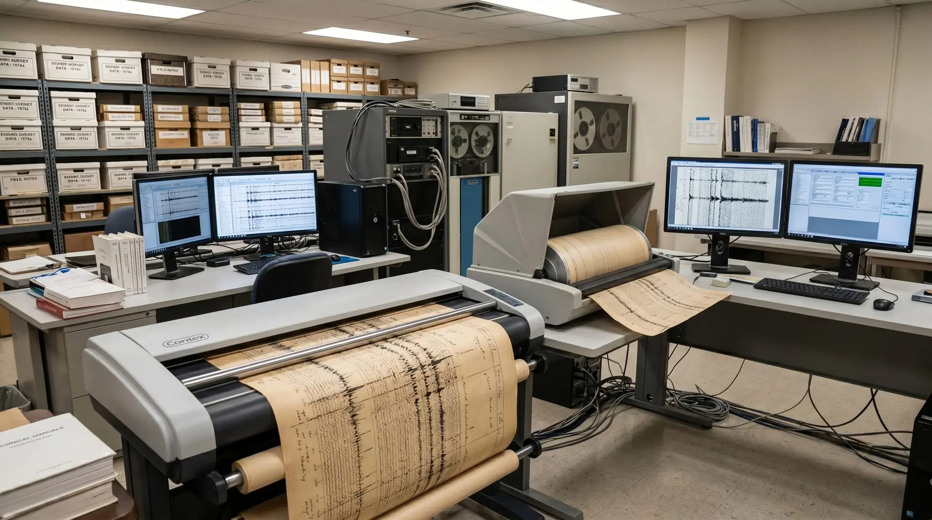 A specialized data digitization laboratory showcasing the conversion of legacy analog records. In the foreground, a large wide-format Contex scanner is processing a continuous roll of aged paper displaying physical seismic wiggle traces. To the right, another specialized scanner handles a similar paper record. Behind these are two dual-monitor computer workstations actively displaying the newly digitized seismic data on their screens. The background features tall metal shelving units tightly packed with labeled cardboard archive boxes on the left, and vintage open-reel magnetic tape drive cabinets on the right, illustrating the transition from physical and legacy media to modern digital formats