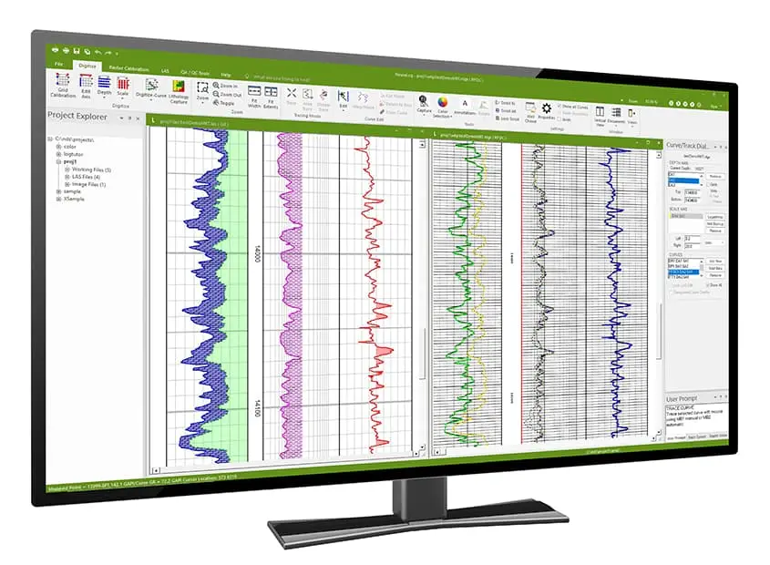 A widescreen computer monitor displaying specialized well log digitization software. The interface shows multiple vertical tracks containing colorful, wavy geological data curves, alongside a project explorer menu, curve settings, and top toolbars for digitization and calibration
